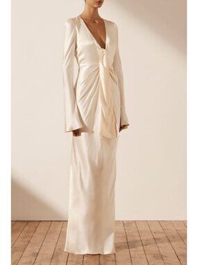 NEW Shona Joy La Lune Plunged Tie Front Maxi Dress cream ivory 10 satin party